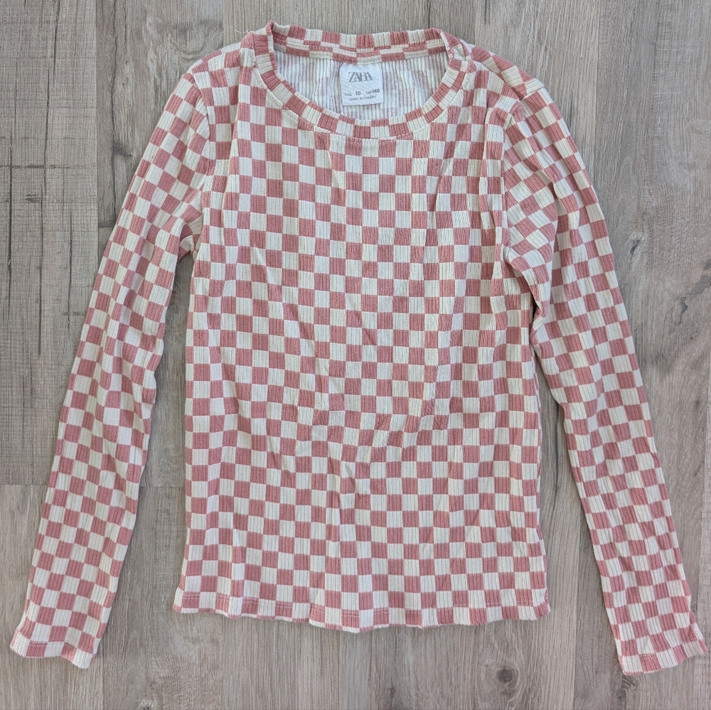 Zara Pink and White Checkered Ribbed Long Sleeve Top, 10y (V3)